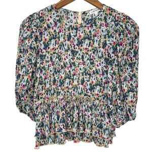 Free The Roses Pleated Floral Tiered Ruffle Hem Puff Sleeve Top Size XS